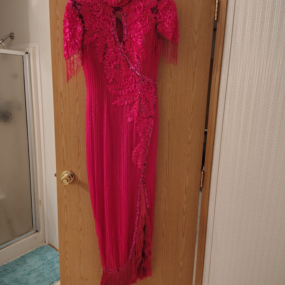 Fuchsia Embellished Maxi Dress with Fringe Details